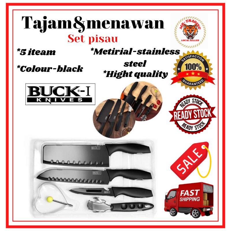 (Barang baik)4in1 buck black kitchen knife set 5 stainless stell