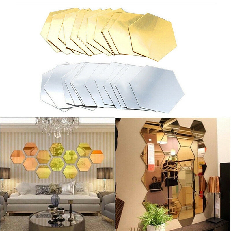 12pcs Hexagonal Mirror Removable Wall Sticker Mirror Tile Decal Home