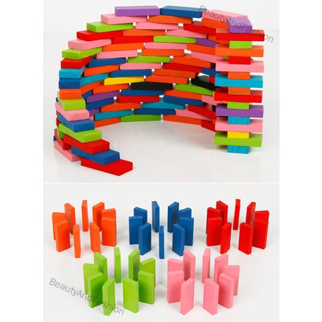 BeautyAndFashion 120Pcs/set Wooden Domino Blocks Rainbow Color Children Building and Sorting Toys  Montessori Material E