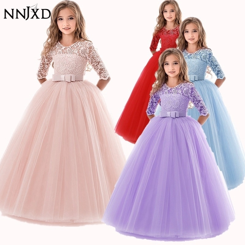 [NNJXD]Princess Lace Long Dress Girls Party Dresses Wedding Gown baju budak perempuan