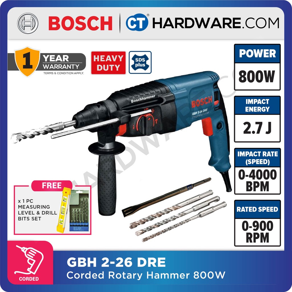BOSCH GBH 226 DRE CORDED ROTARY HAMMER 800W 426MM 3MODE HEAVYDUTY ( GBH226DRE ) Shopee