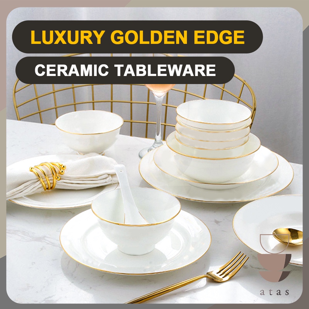 HOTEL GRADE ATAS Premium Gold Line Pinggan Mangkuk Emas Edge Ceramic Golden Bowl Dishes Dinner Plate Makan Nasi Seramik