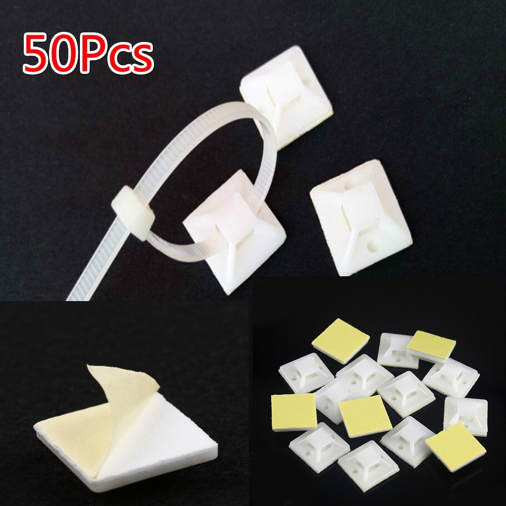 50pcs Self Adhesive Cable Tie Wire Zip Clamp Mount Clip Holder Base White 