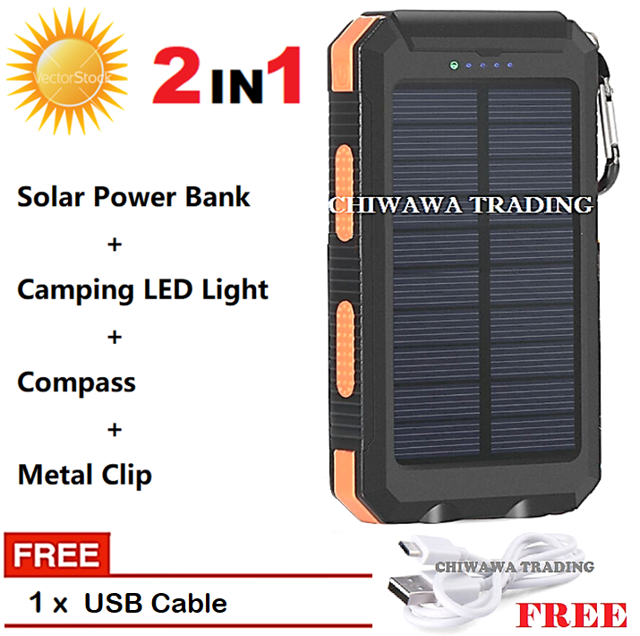 TX18【Free: USB Cable】30000mAh Solar Power Bank + LED Light + Compass + Metal Clip