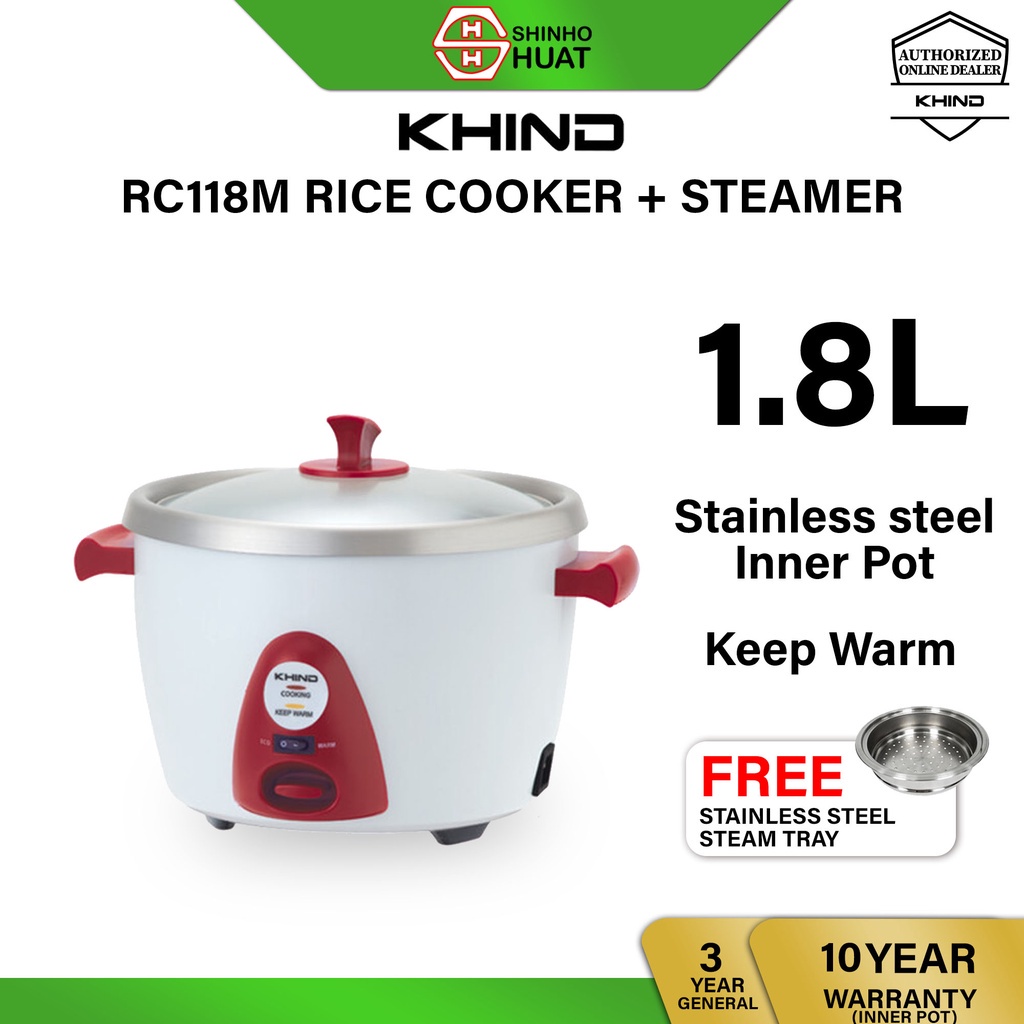 Khind AnShin Rice Cooker ( 1.8L ) RC118 / RC118M Stainless Steel Pot ( White ) Free Steam Tray