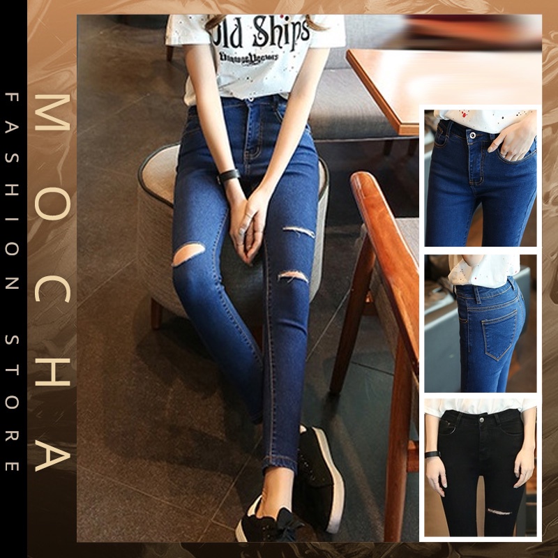 【READY STOCK】ST259 New Design Jeans with Holes Women Mid-High Waist Jeans Seluar Jean Perempuan Lubang