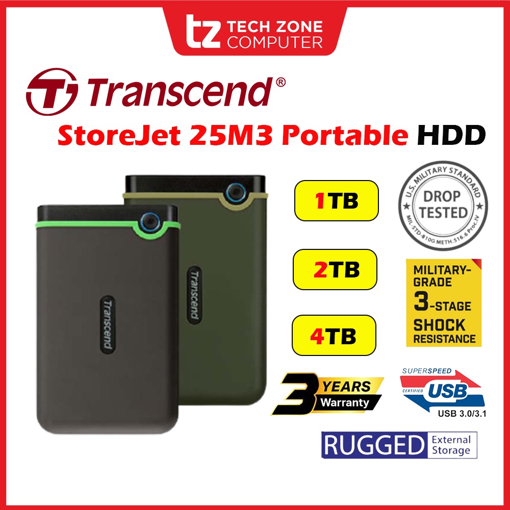 Transcend Storejet 25M3 External HDD USB 3.1 Rugged (1TB/2TB/4TB ...