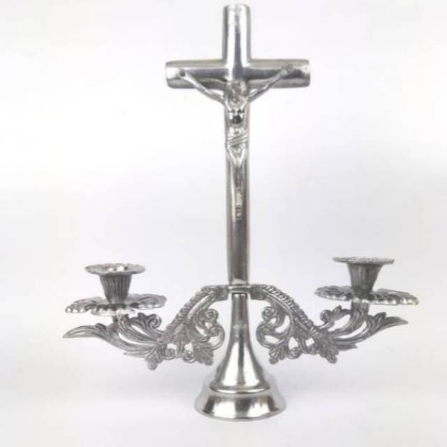 Unique Candle Holder Kandelar With Metal Cross 33cm Silver Color Set Altar Prayer Table Spiritual Decoration