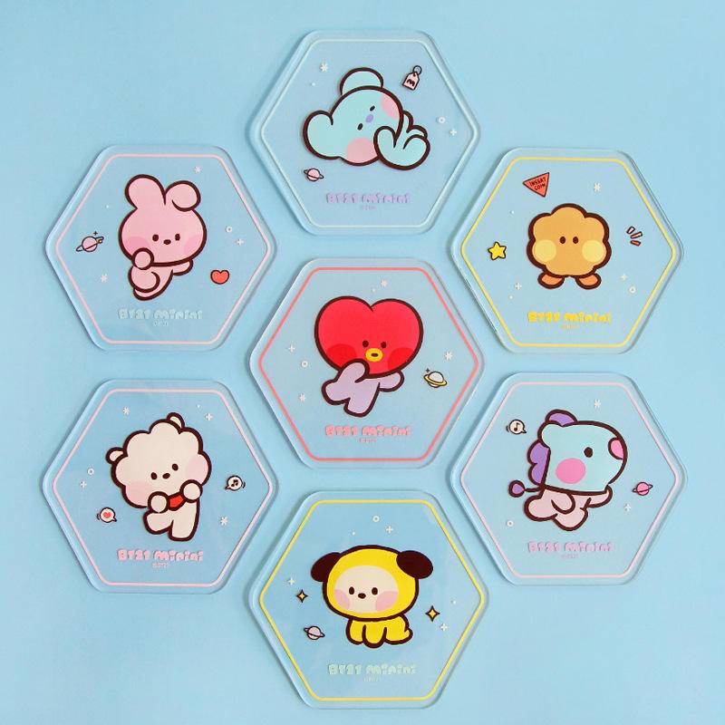 KPOP Korean cartoon Cup Coaster Acrylic Cup Pad Slip Insulation Pad Cup Mat Hot Drink Holder Mug Stand Home Kitchen Accessories CHIMMY COOKY KOYA MANG RJ SHOOKY TATA