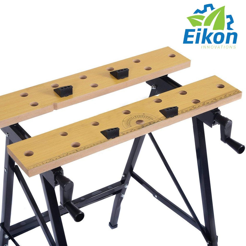 Folding Compact Work Bench With Quick Clamps Holding Pegs And Tool
