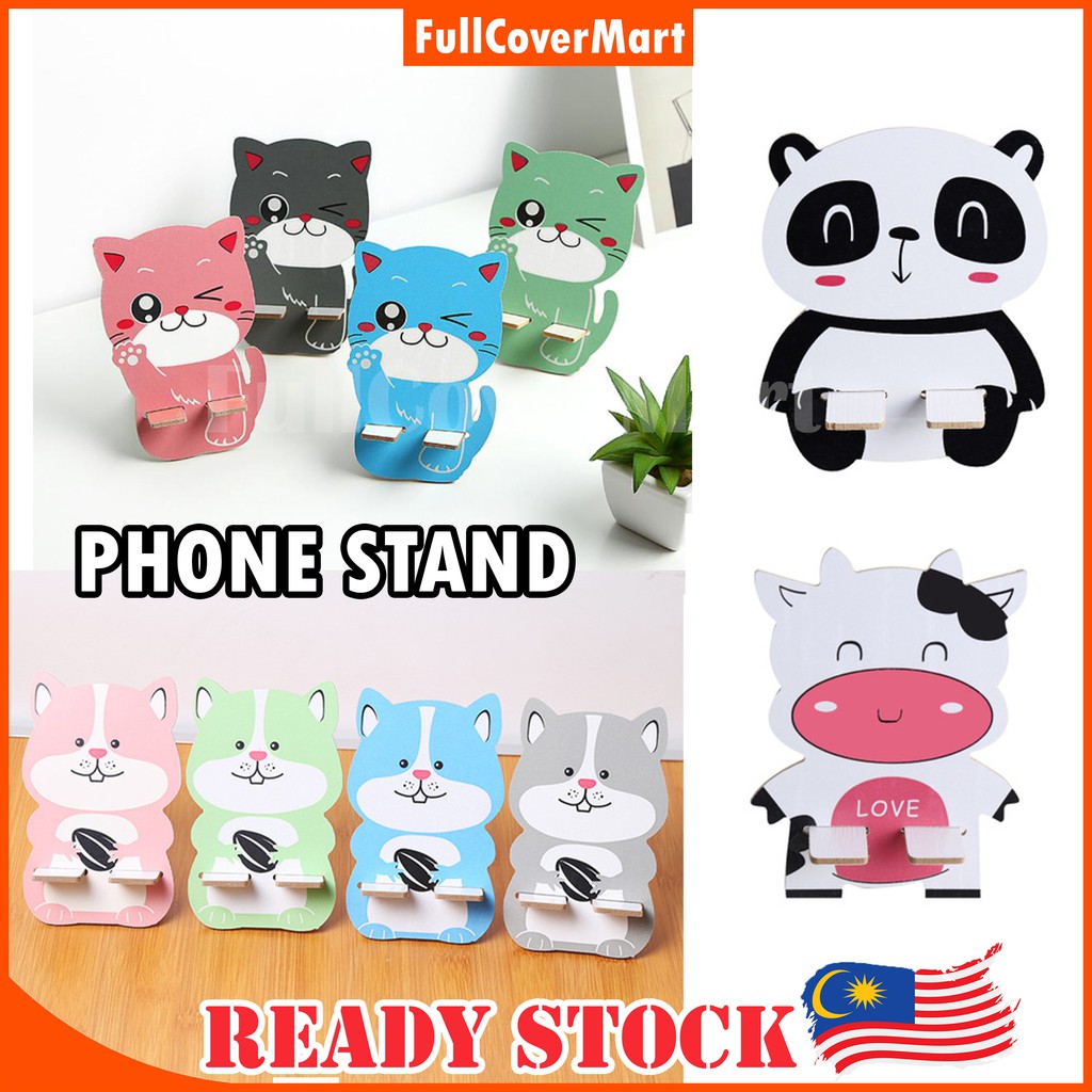 (STD9) Wooden Mobile Phone Holder Stand Cute Cartoon Panda Pig Cow Smartphone Desk Support Holder Gift