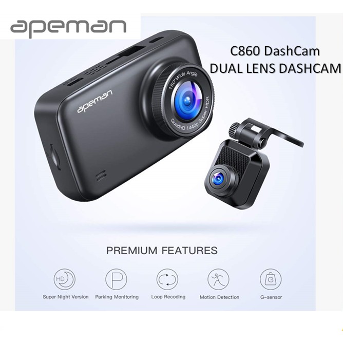 APEMAN C860 1440P & 1080P DUAL DASH CAM FULL HD FRONT AND REAR CAMERA
