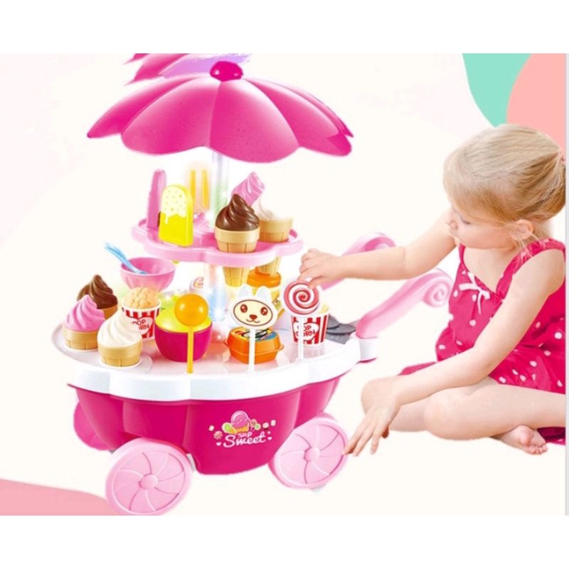 Ice Cream Trolley Cart Kids Pretend Play Toy Set Girls Toys Light and