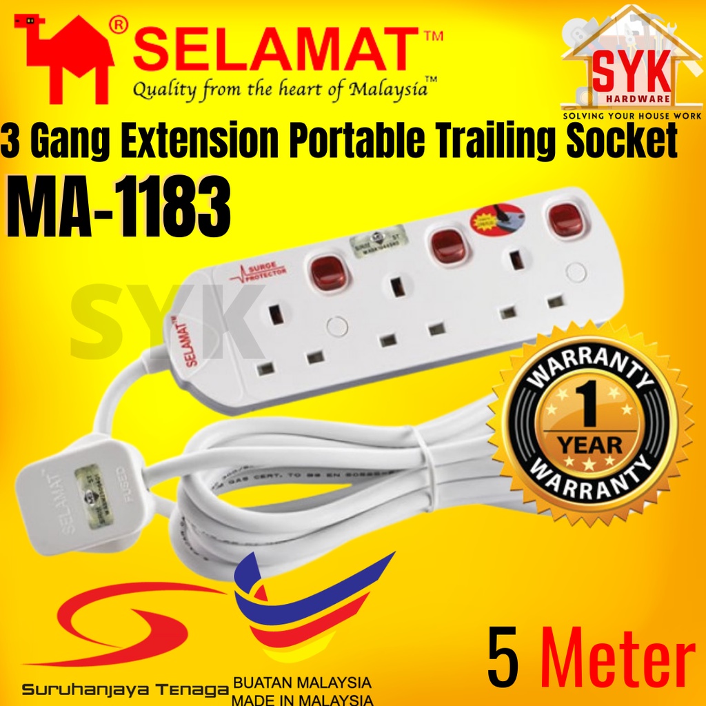 SYK SELAMAT MA1183(Neon) 5 Meter 3 Gang Surge Protector Extension Plug