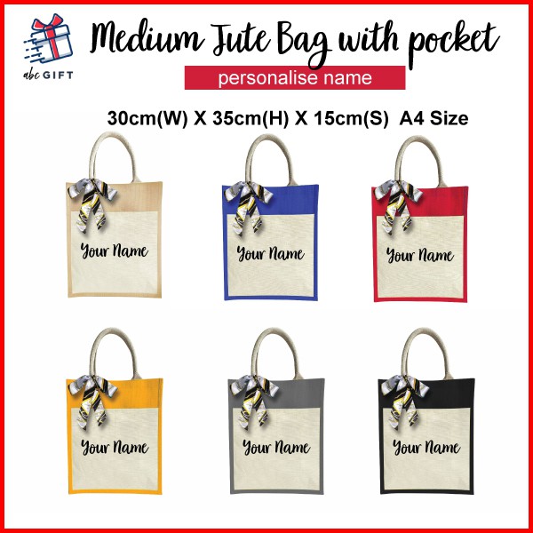 abcgift Medium Jute Tote Bag with Pocket with add custom name *Free