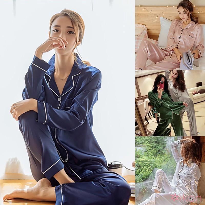 Silk Satin Pajamas Set Women Men Long sleeve Blouse Sexy Sleepwear ...