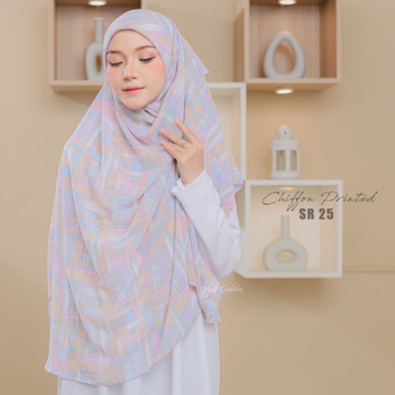 Hijab Galeria bawal chiffon printed floral & ketupat bidang 60