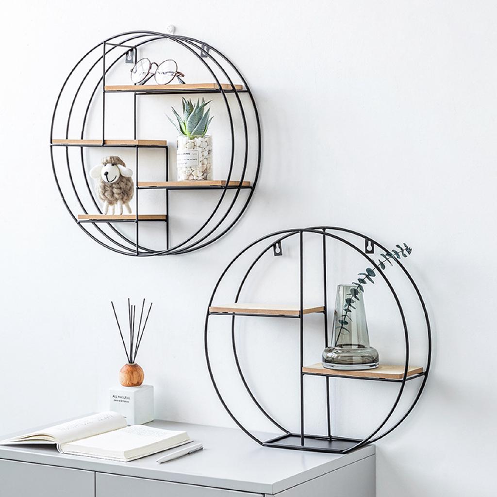 Geometric Art Wall Display Shelf Metal Iron Shelves Wood Bookshelf