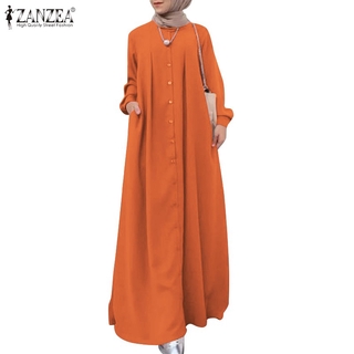 Image of ZANZEA Women Solid Color Side Pockets Button Cuffs Muslim Maxi Dress