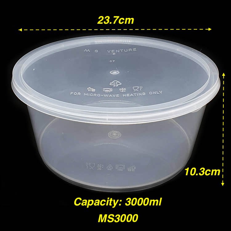 R-3000ml Large Round Plastic Food Container With Lid / Bekas Plastik