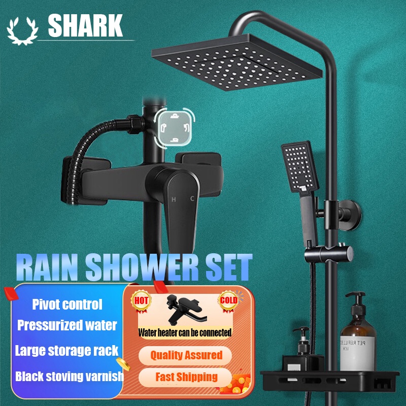 SHARK Shower Set 4 Function Black Square / Round shower head Bathroom Stainless Steel Wall Hand