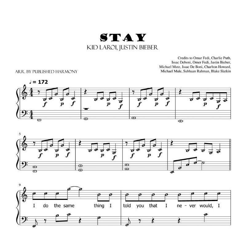 Piano Sheet Music STAY (THE KID LAROI & JUSTIN BIEBER) | Piano Solo (with or without note names) Early Intermediate