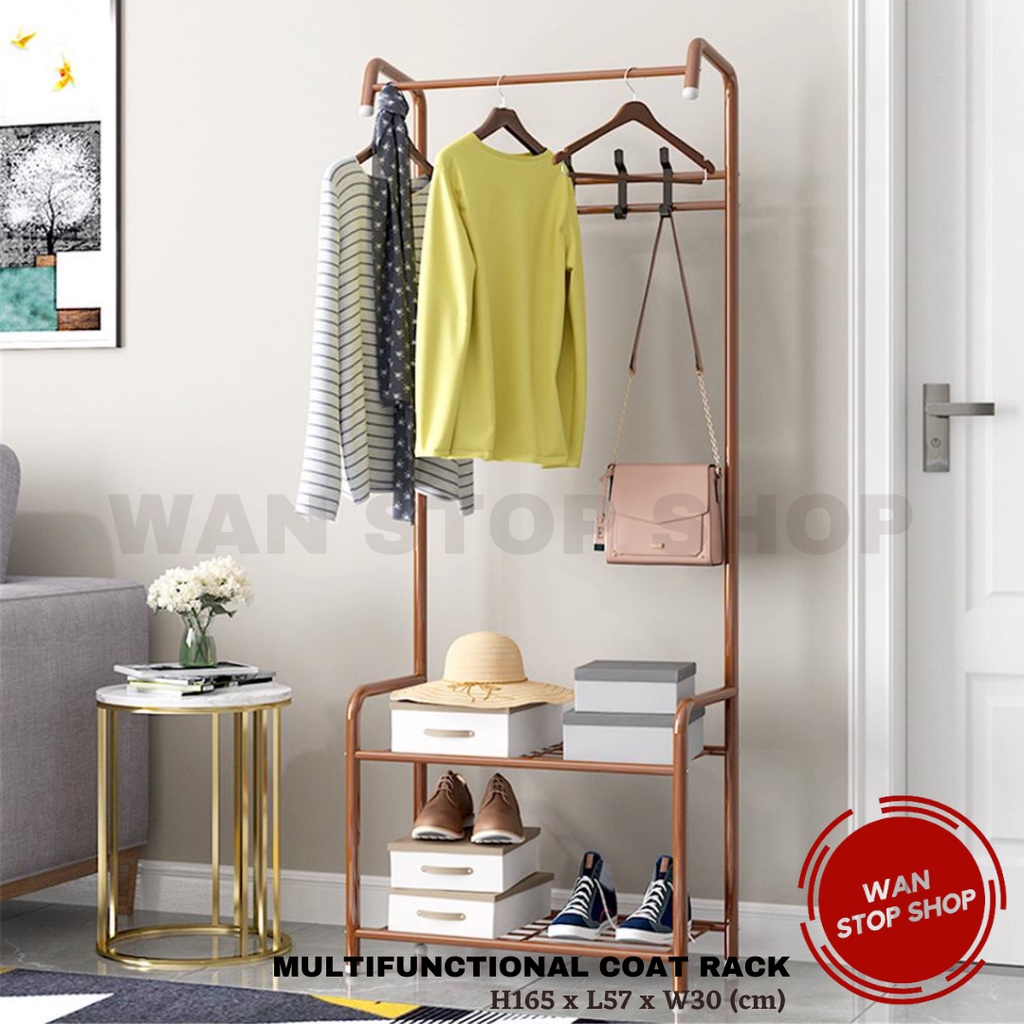 shopee: Multifunctional Coat Rack Landing Clothing Holder Hanger Floor Standing L-Shape Simple Shelf Clothes Hanger Rack 3 in 1 (0:2:Colour:Brown;:::)