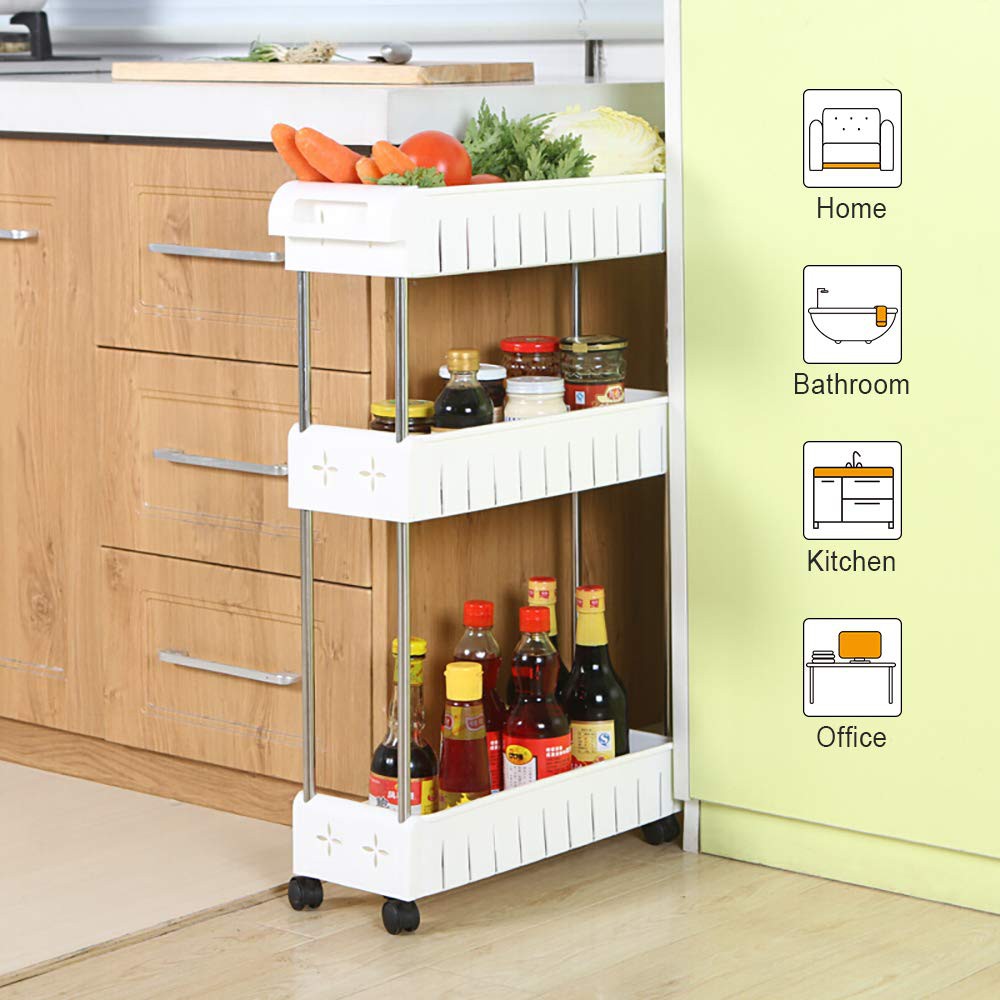 3 Tier Slim Storage Cart Mobile Shelving Unit Slide Out Storage