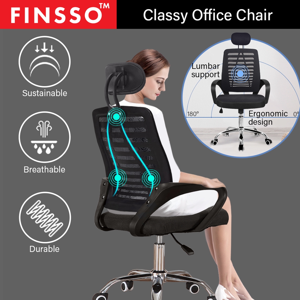 FINSSO : Office Chair With HeadRest - Classy Large Mid-Back Height Adjustable Mesh Cloth