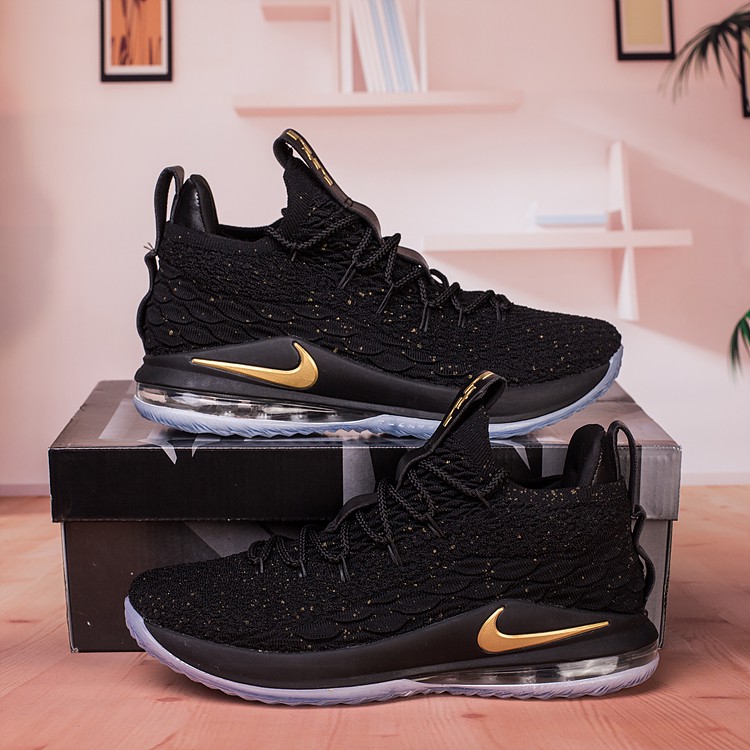 lebron 15 low gold and black