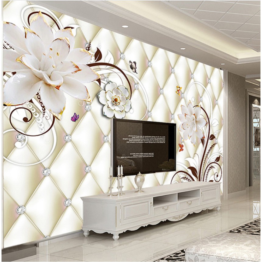 3D white flower jewelry living room TV background wall painting wallpaper |  Shopee Malaysia