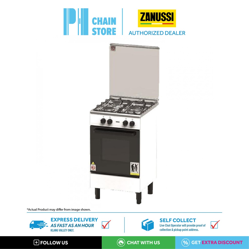 (DELIVERY FOR KL & SGR ONLY) ZANUSSI ZCG530W 3 GAS BURNER FREESTANDING GAS COOKER WITH 62L GAS OVEN COOKER