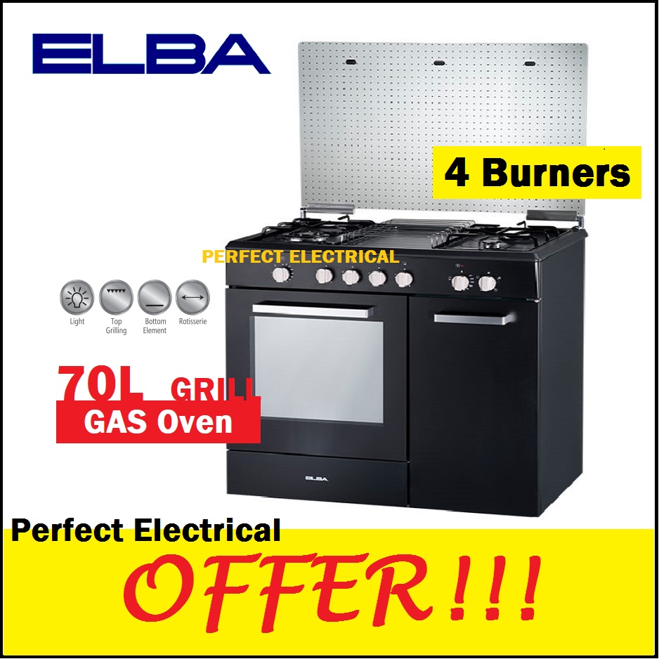 Elba EGCC9704G(BK) Free Standing Gas Cooker 4 Burner with 70L Gas Grill Oven Stainless Steel