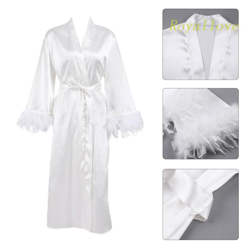 royal Long Sleeve Bride Robe Wedding Pijama White Bathrobe Sexy Sleepwear Feather Cuff