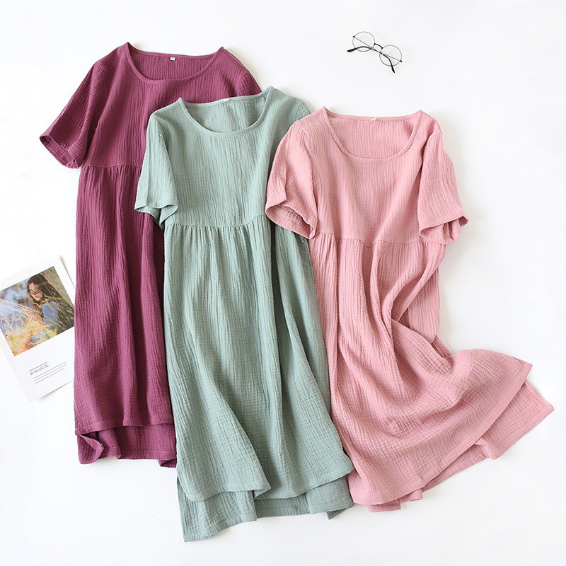 [ready stock] Women 100% cotton crepe short sleeve night dress comfortable nightwear loose dress sleepwear loungewear can be worn out