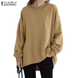 ZANZEA Womens Daily Round Neck Plain High Low Long Sleeve Loose Casual Sweatshirt