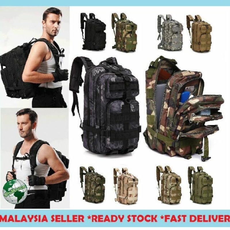READY STOCKArmy Military 3P Attack Tactical Backpack SWAT Bag Hiking Bag 25L Beg Askar Hiking Adventure Fishing mancing