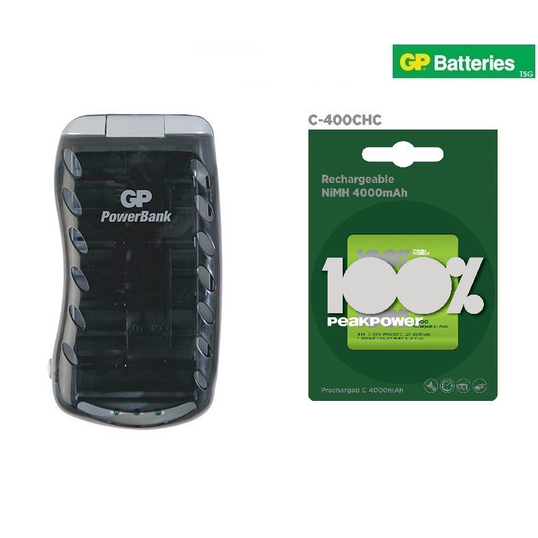 GP Charger PB19 with Rechargeable Batteries 100 PeakPower C Size (2 Pcs
