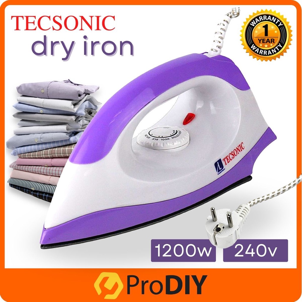 TECSONIC 1200W Travel Dry Iron Non Stick Teflon Coating Seterika Baju Wayar Panjang ( TSDI-702 )