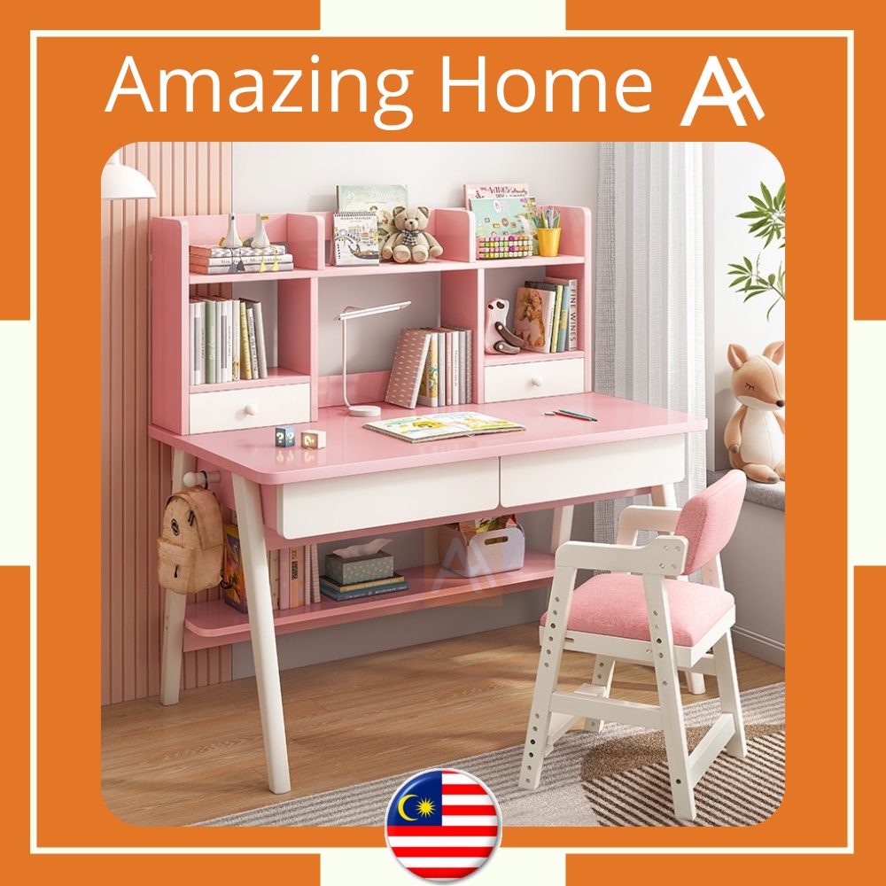 AmazingHome Kids Children Study Desk Pink Blue Writing Table With Bookshelf Book Shelf Drawer