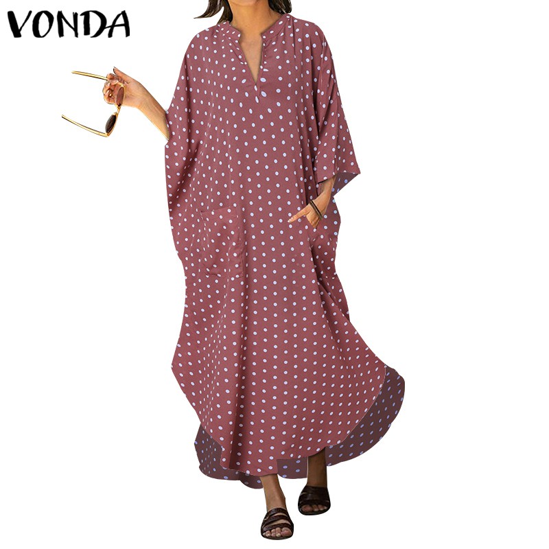 Vonda Women Long Sleeve Irregular Hem Loose Polka Dot Casual Long Dress |  Shopee Malaysia
