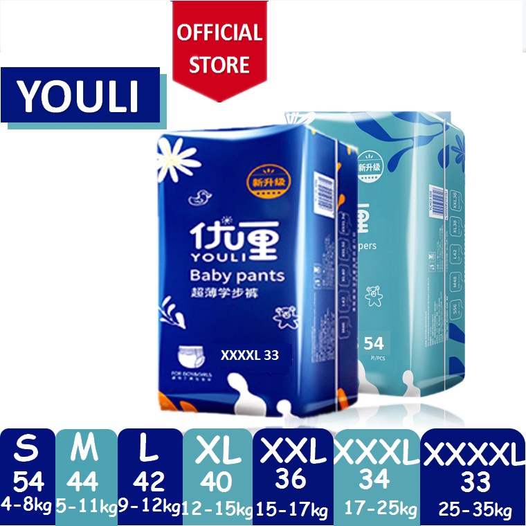 YOULI Premium Diapers - M (44 Pcs)/L (42 Pcs)/XL (40 Pcs)/XXL (36 Pcs)/XXXL (34 Pcs)/XXXXL (33 Pcs)