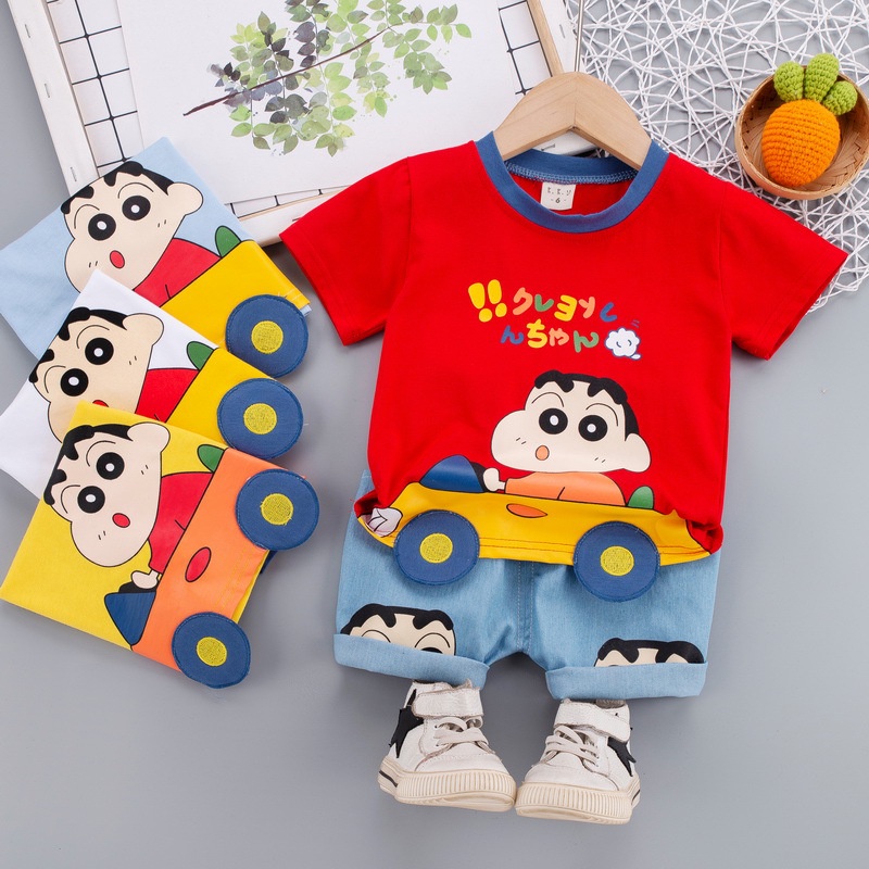 0-5 yearskids clothesBoy cartoon crayon Shin-chan pattern T-shirt + denim  shorts 2-piece set 100% cotton children's clot | Shopee Malaysia