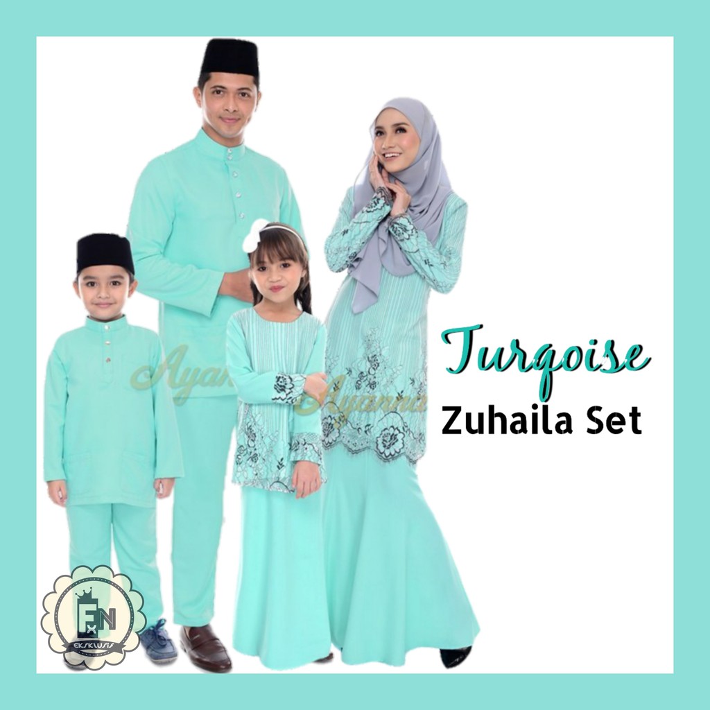 Set Combo Sedondon Family Ayanna Baju Melayu Kurung Raya 2020 Zuhaila Lace Plussize Tema Turquoise Green Hijau Biru Shopee Malaysia