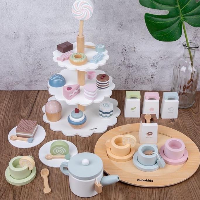 Nunukids Wooden Tea Set Cake Stand Pretend Plays Children's Kitchen Toys