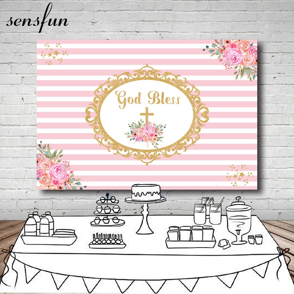 Baby Shower Baptism Pink White Striped Backdrop Flowers Gold Frame