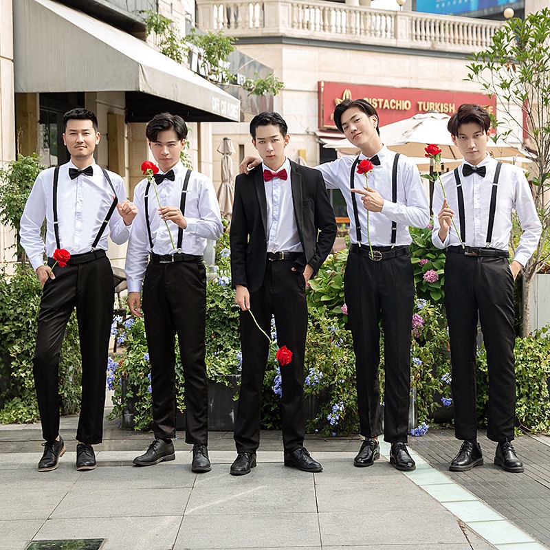 (Overall+Shirt+Trousers+Bow Tie 4-Piece Set) Western Style Wedding Best Groom Suit Stage, Business Dress Formal