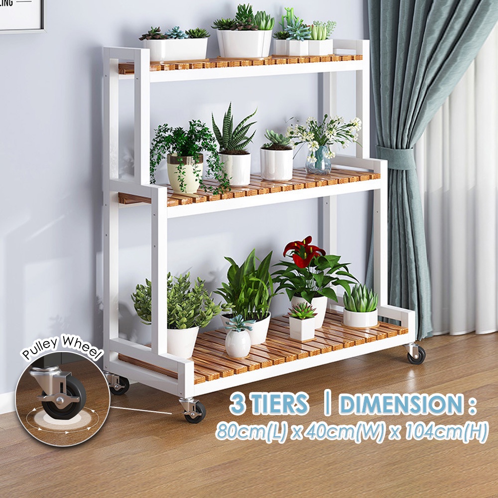 MallMart Pot Rack 019 with Wheels Steel Frame Carbonized Wooden Board