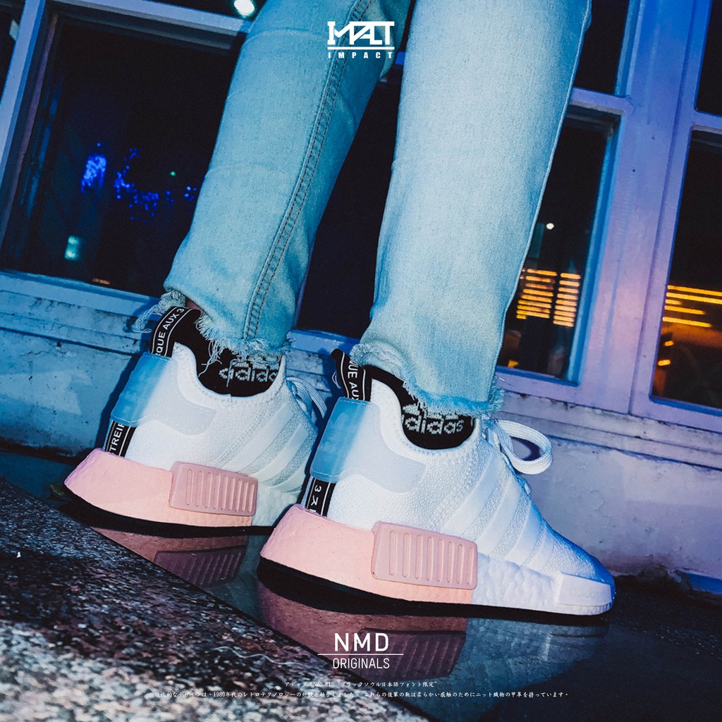 IMPACT Adidas NMD R1 Boost White Pink Lightweight Woven Black Bottom  All-Match Women's Jogging Shoes EE5109 | Shopee Malaysia