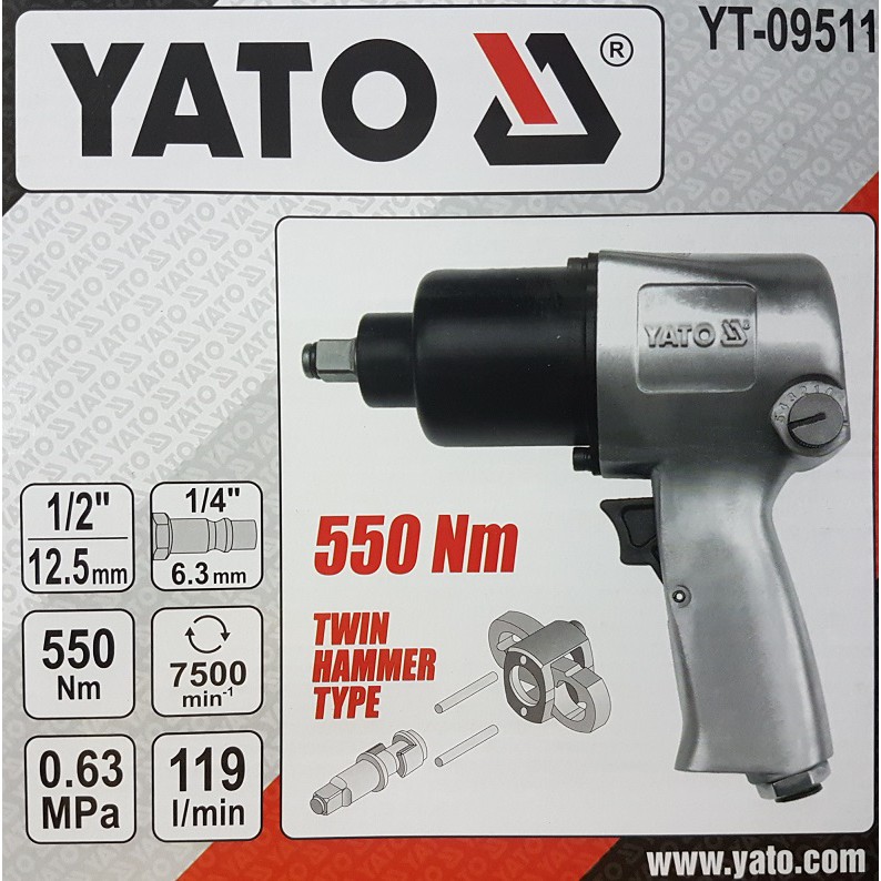yato 1/2" air impact wrench torque twin hammer pressure compressor